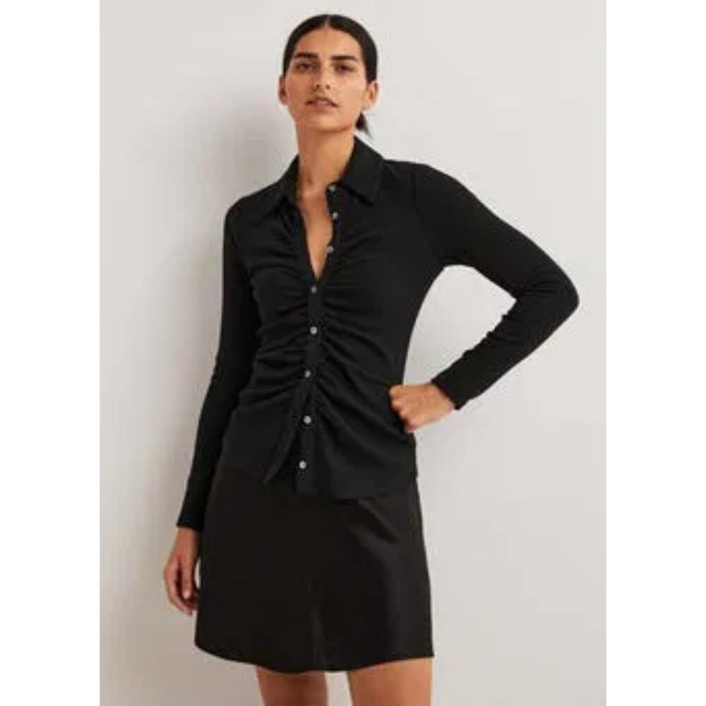 Boden Ruched Cotton Blend Black Shirt Top US 2P Button Down